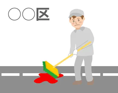 事故現場清掃：区の作業人がデッキで地面をこする