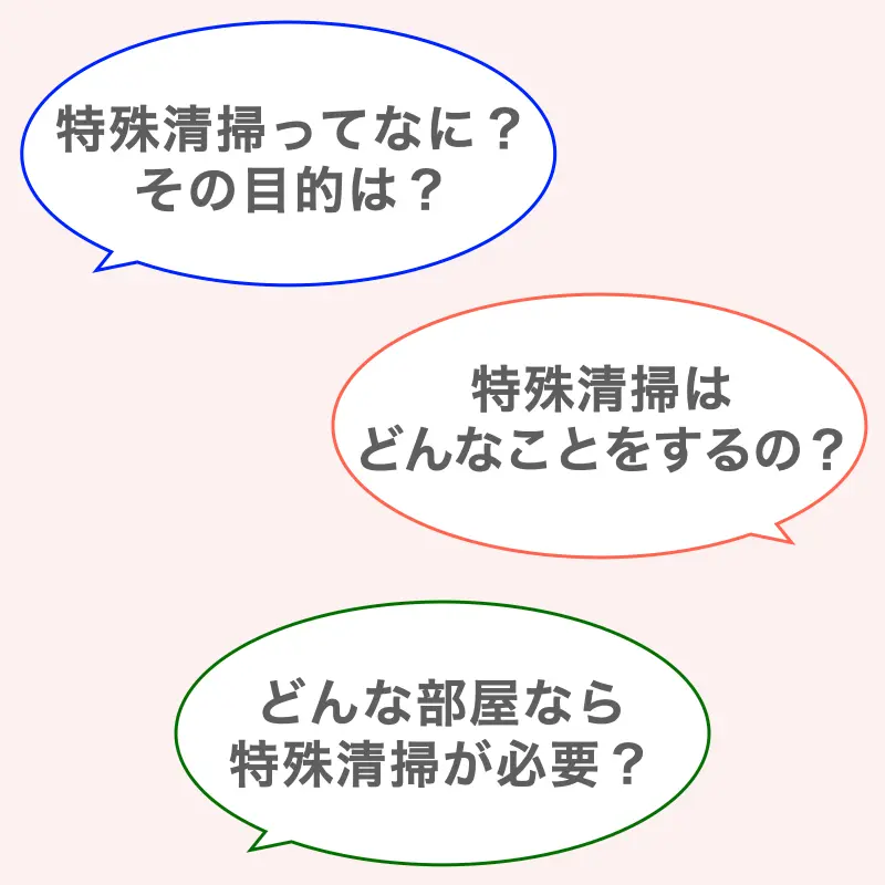 【特殊清掃についての疑問】①特殊清掃ってなに？その目的は？②特殊清掃はどんなことをするの？③どんな部屋なら特殊清掃が必要なの？
