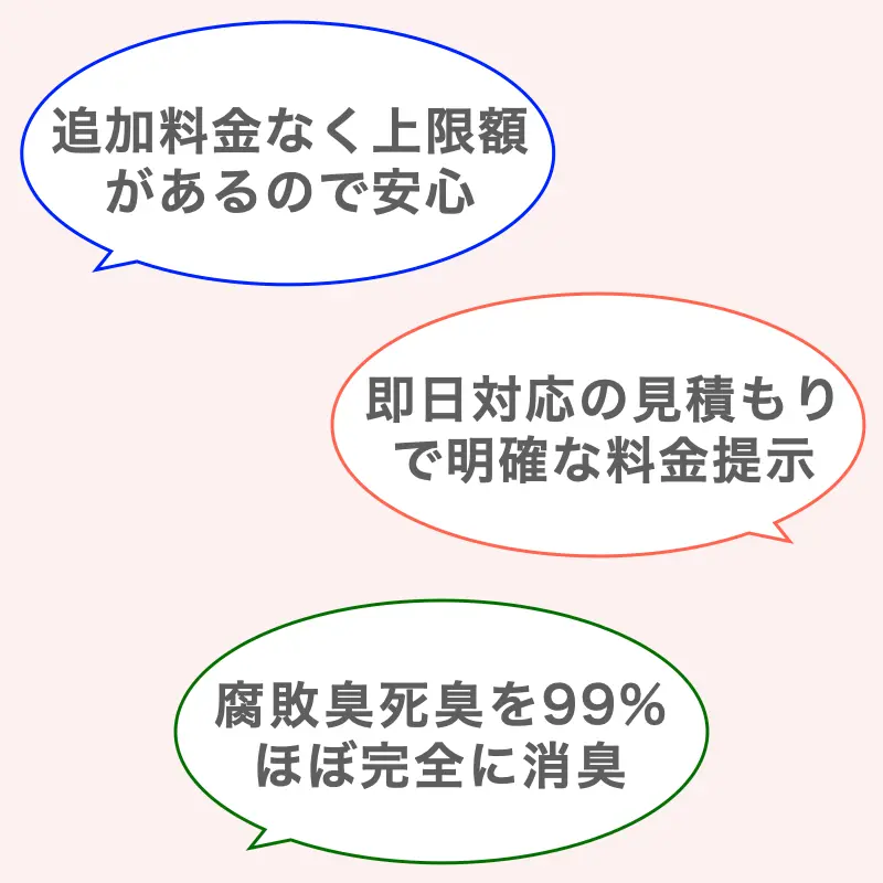 【ラストクリーニングのメリット】①追加料金なく最大金額があり安心②即日対応の見積もりで明確な料金提示③腐敗臭死臭を99%ほぼ完全に消臭