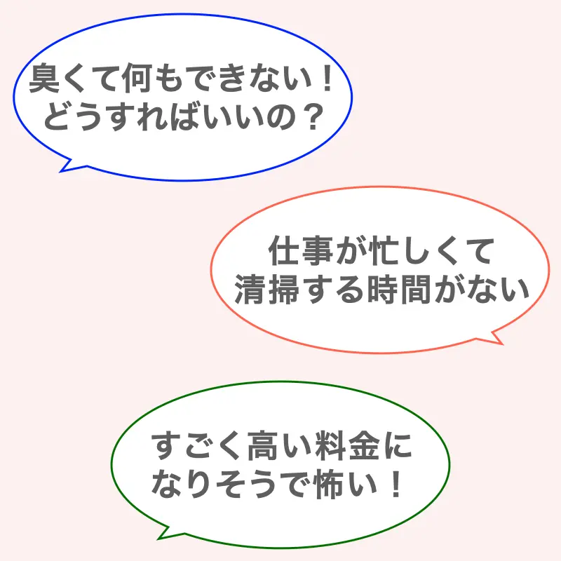 【親族の孤独死でお困りになること3つ】❶臭いがひどくて清掃できない ❷自分で消臭や片付けをする時間がない ❸業者に依頼すると高額な料金を請求されそう